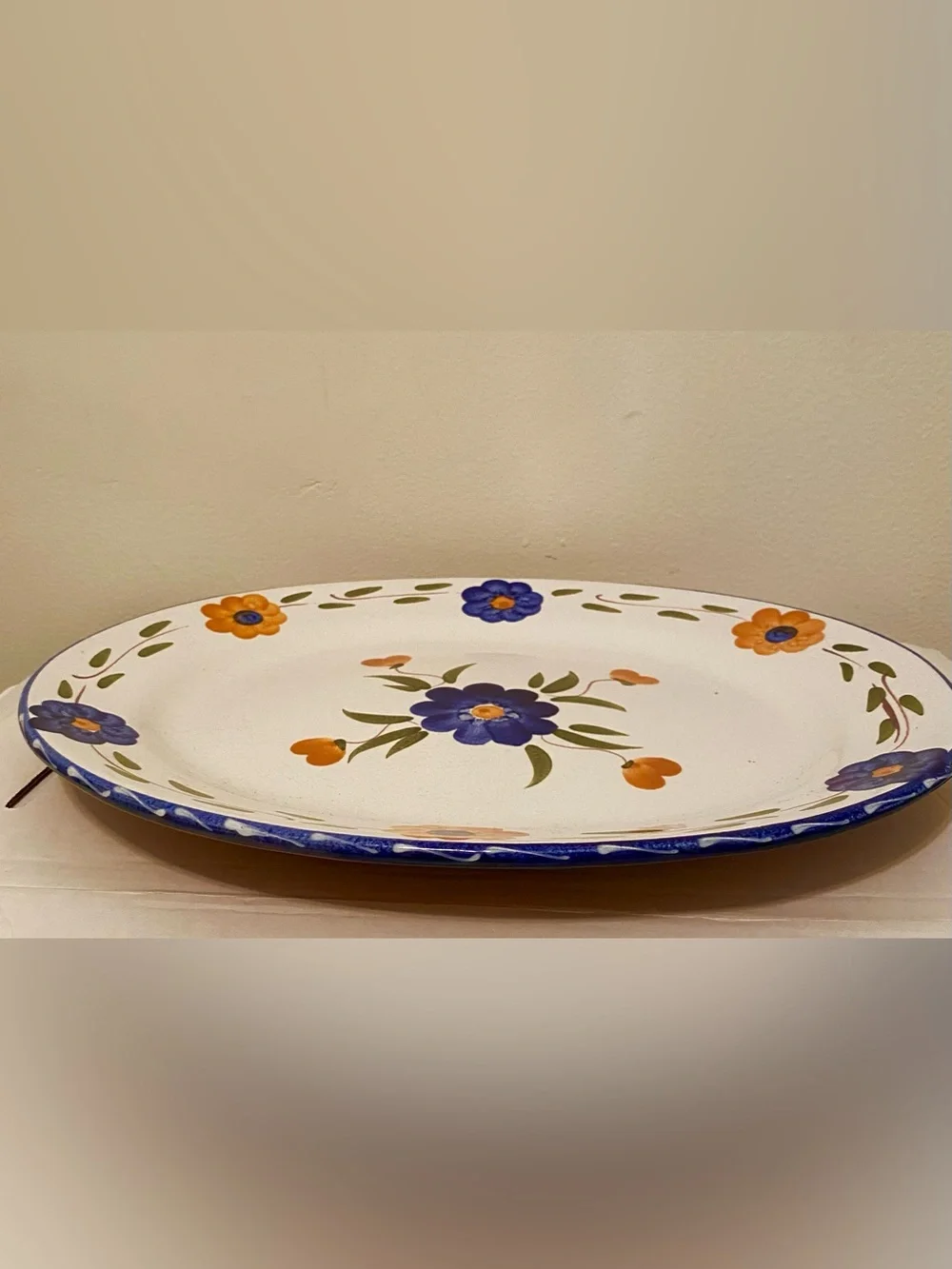 Vintage Furio Made in Italy Ceramic Floral Large 16”x13” Platter, White & Blue.